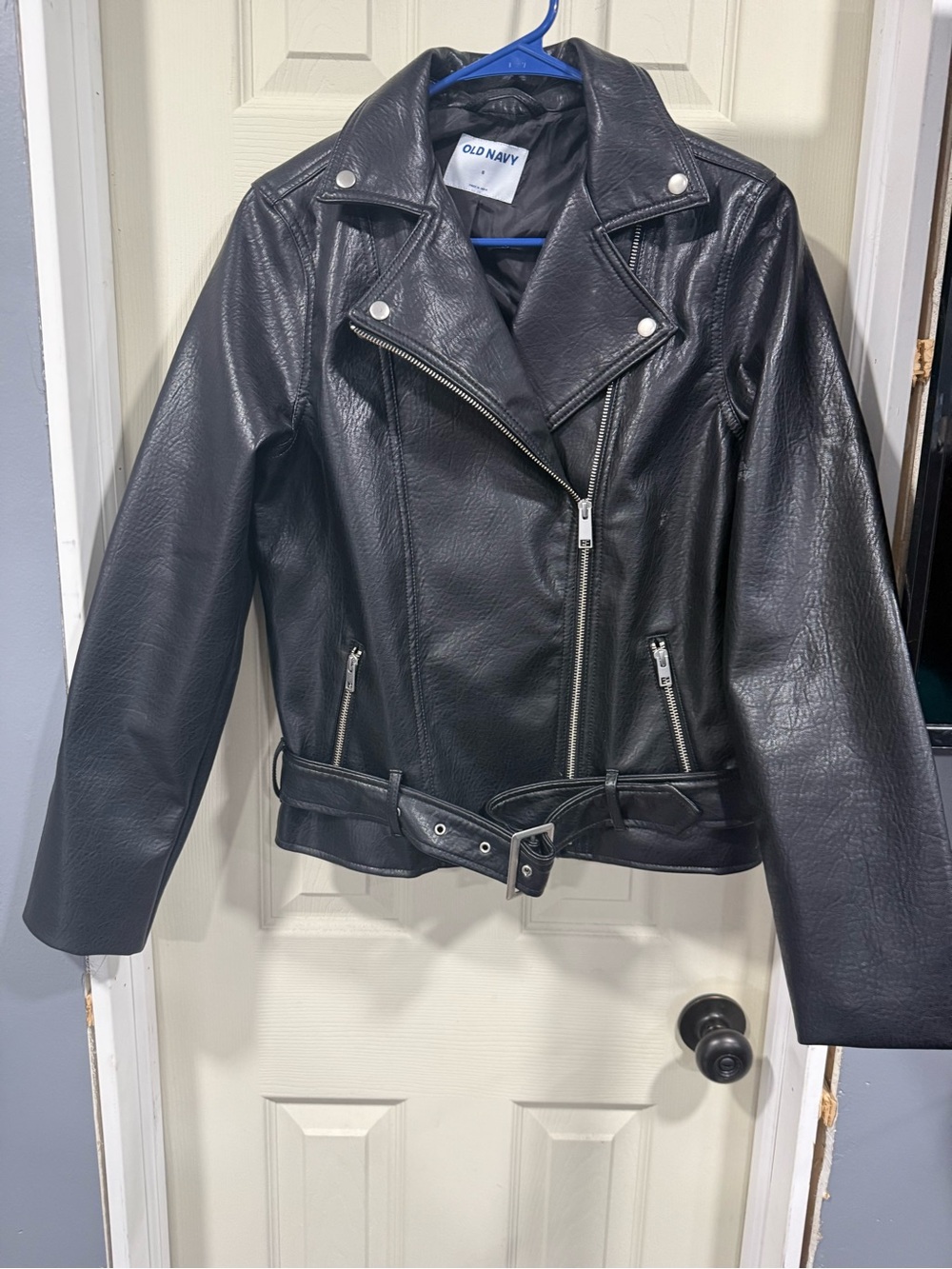 Old Navy Black Faux Leather Moto-Style Jacket with Belt